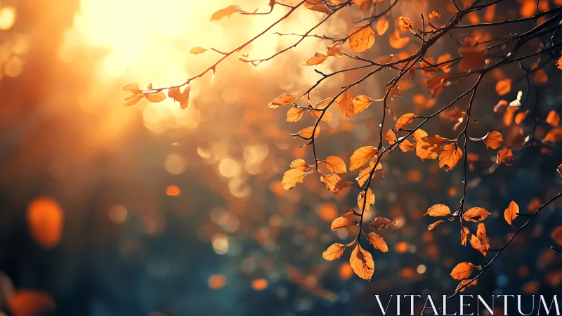 Golden autumn leaves glow softly in warm evening light