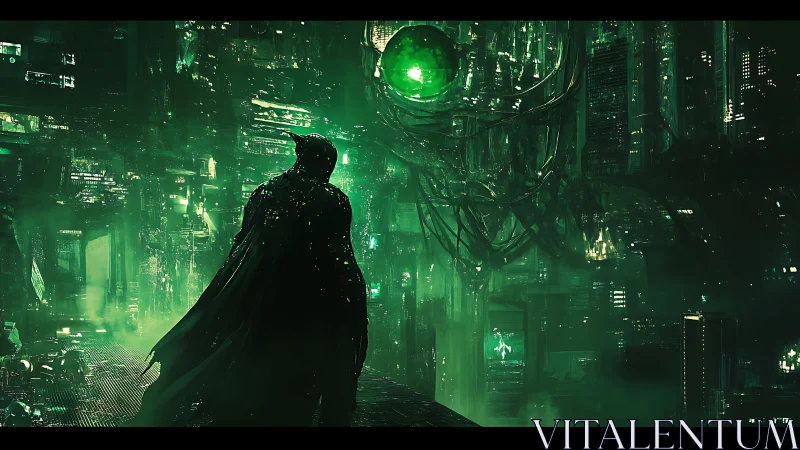 Shrouded vigil over neon green cybernetic megacity skyline.