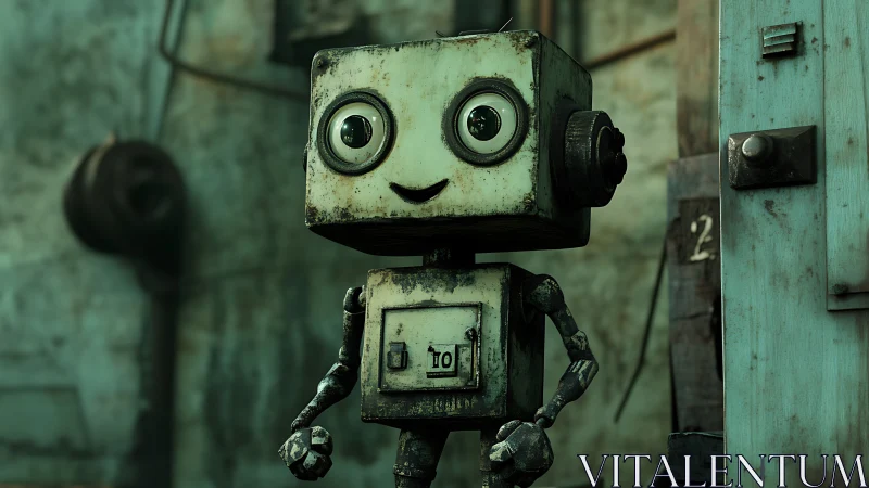 Small boxy robot stands in worn industrial doorway