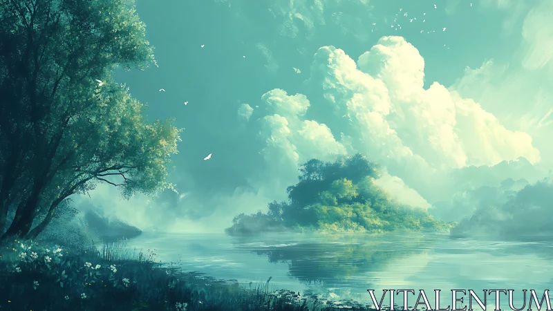 Calm riverfront landscape shows dense trees and cumulus clouds