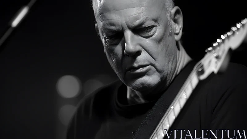 Guitarist in moody black and white stage close-up portrait.