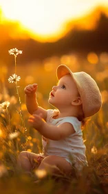 Baby studies daisy in glowing sunset meadow light