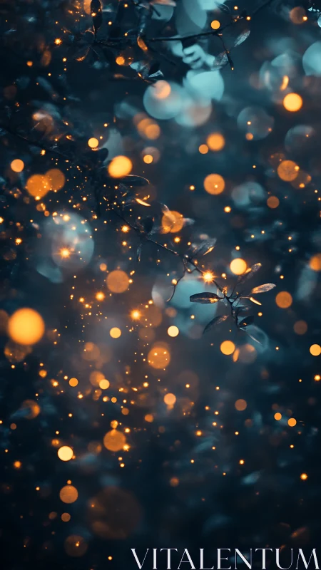 Defocused orange bokeh particles illuminate dark teal foliage field