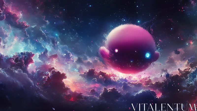 Spherical cosmic character amid luminous nebula clouds.
