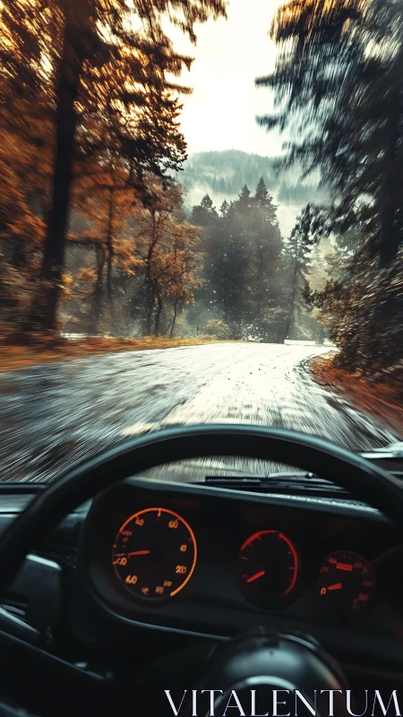 Rain-soaked forest drive viewed through vintage dashboard.