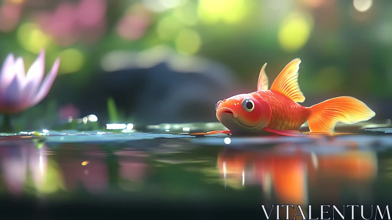 Orange goldfish near pond surface with blurred garden.