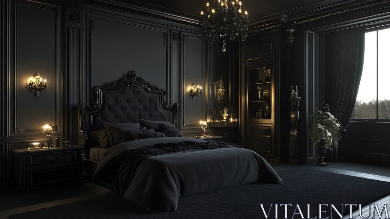 Noir baroque bedroom with dramatic moody lighting.