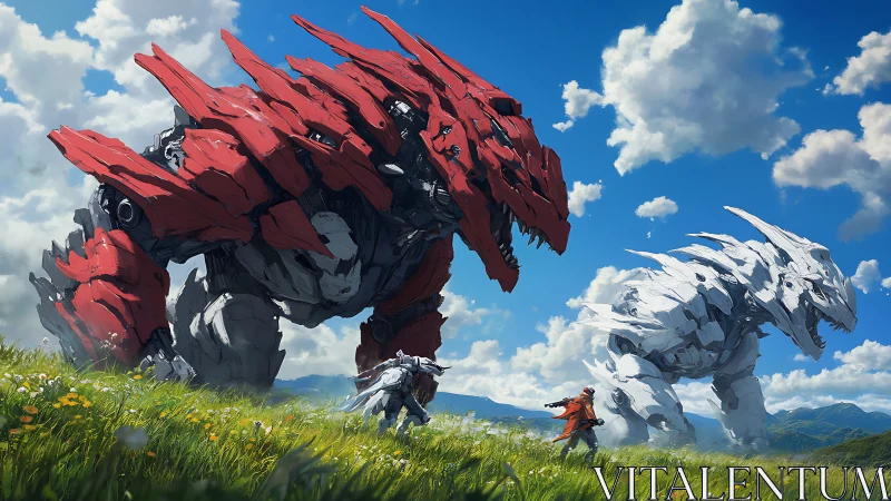 Gigantic red and white mechs confront humans in open field