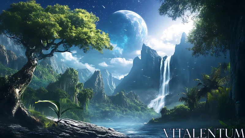 Luminous alien waterfalls beneath a colossal sapphire moon.