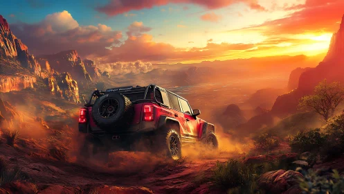 Off-road vehicle descending rocky canyon trail at sunset.