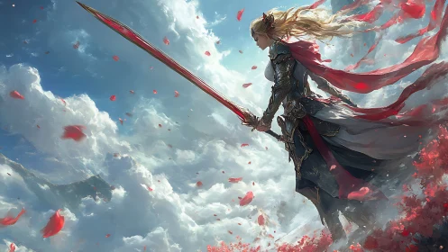 Skybound warrior queen with crimson greatsword poised.