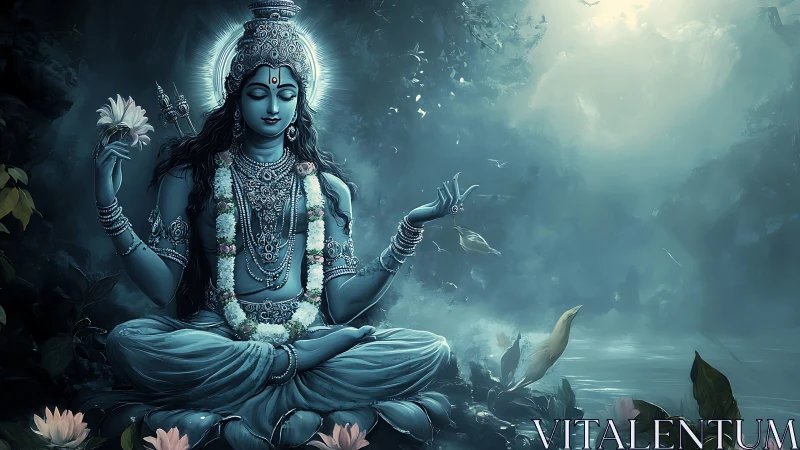 Serene blue deity meditating by misty lotus riverbank.