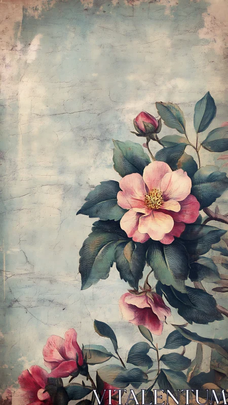 Vintage floral illustration shows pink blossoms on blue ground