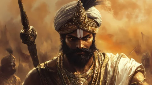 Warrior king in molten dusk, resolve bright as burning steel.