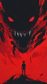 Silhouetted child facing vast red-eyed shadow beast.