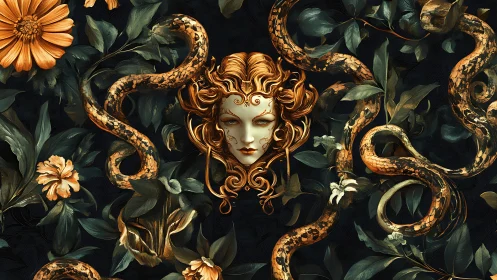 Medusa-inspired goddess emerges from serpents and blooms.