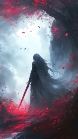 Wandering swordbearer beneath crimson storm of petals.