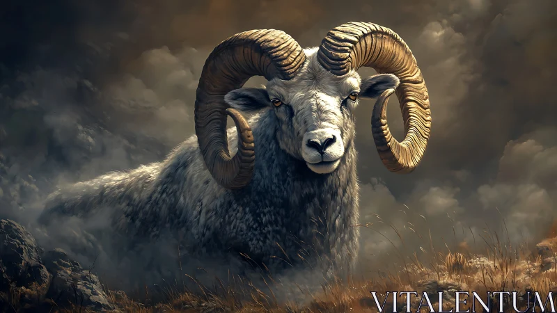 Majestic bighorn ram emerging through stormlit alpine mist