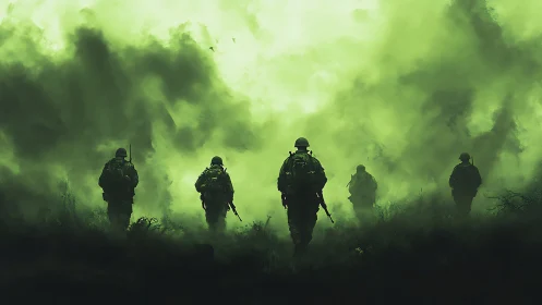 Soldiers advance through dense toxic green battlefield fog.