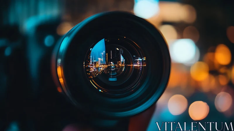 City lights reflected in a dreamy camera lens at night.