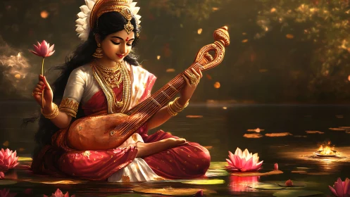 Ornate goddess figure plays veena amid lotus lake illumination