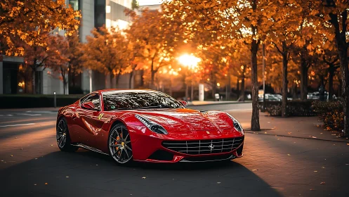 Red sports car parked on city street under autumn trees
