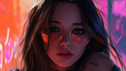 Neon lit girl in glasses with reflective city lights.