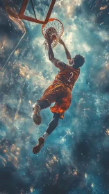 Cosmic skyward slam as a lone baller ignites the stars.
