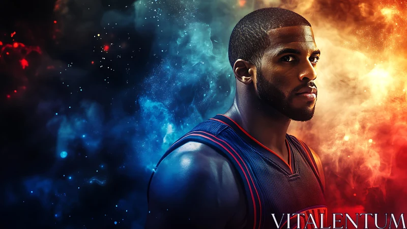 Digital painting portrait with nebular bicolor energy field background.