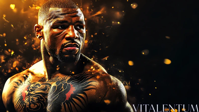 Athletic male with full body tattoos rendered in golden particle effects