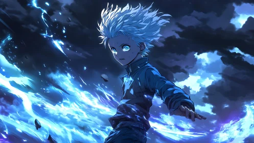 White haired anime boy controls blue lightning in storm