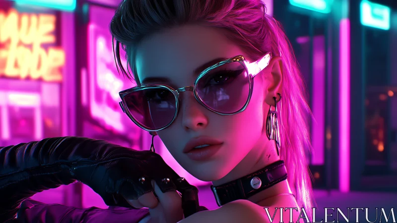 Neon lit digital portrait of woman in sunglasses at night.