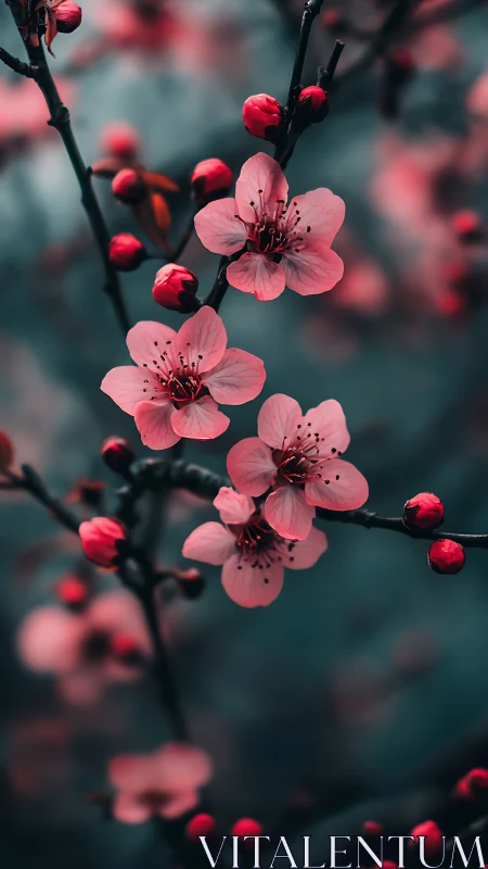 Pink Blossoms on Dark Branch with Red Buds