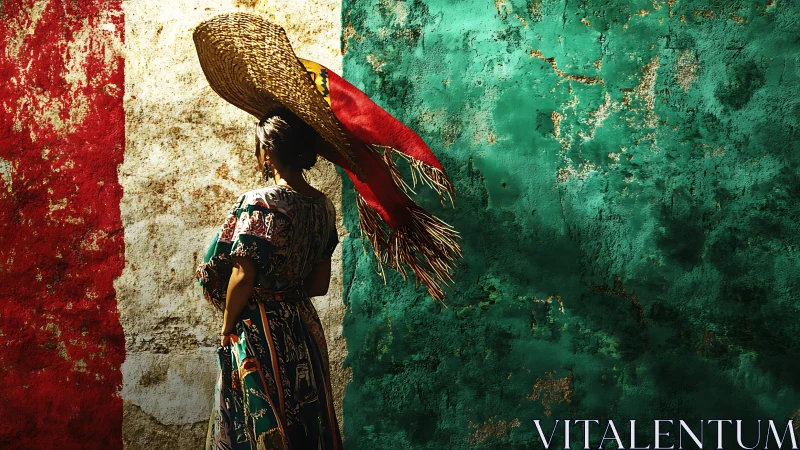 Woman in Traditional Dress and Sombrero Before Textured Mexican Flag.