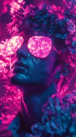 Neon-drenched portrait merges floral dreams with reflective glow