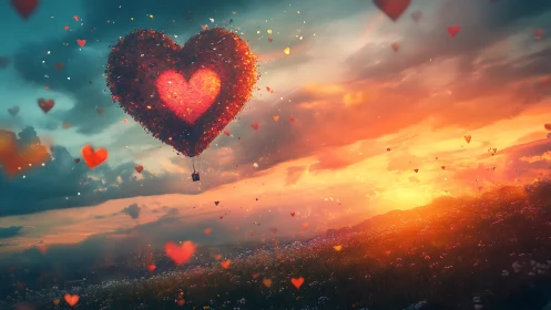 Heart-Shaped Balloon Ascending Above Landscape at Sunset