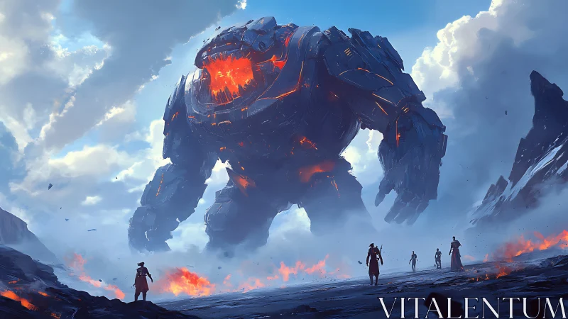 Colossal molten robot confronts small warriors in wasteland.