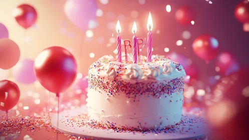 Pink Birthday Cake with Lit Candles in Festive Bokeh Setting.