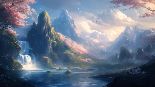 Dreamy blossoms glow around misty mountains and waterfalls