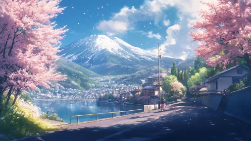 Snowy mountain and riverside town under spring blossoms.