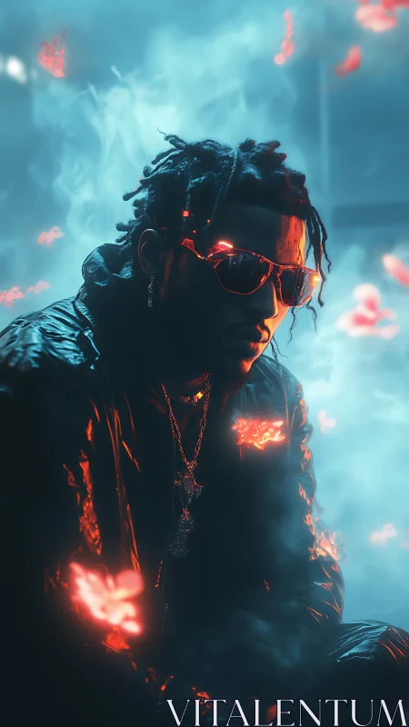 Neon-lit dreamer surrounded by glowing cyber butterflies.