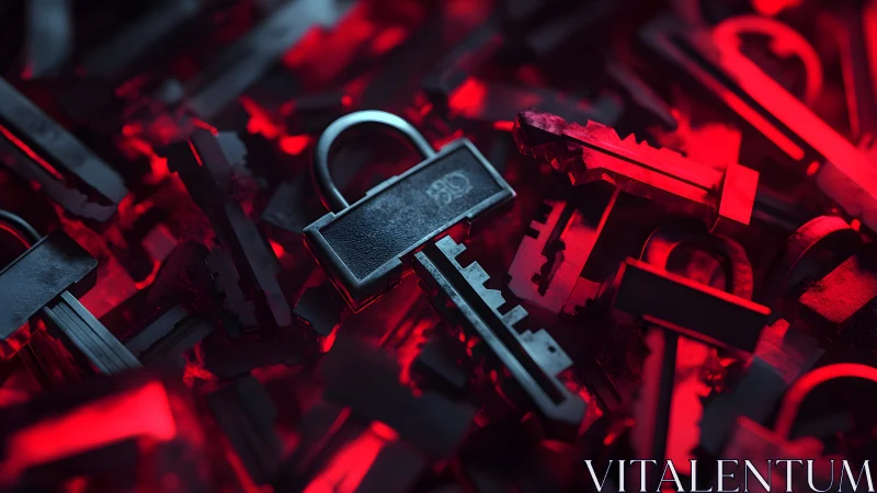 Pile of Metal Keys Under Red Light, Dramatic Close-Up Photography.