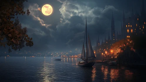 Full moon harbor with illuminated gothic city and sailboat