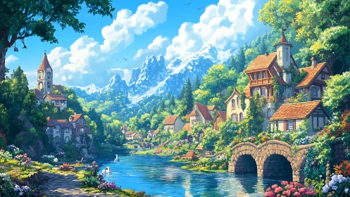 Sunlit riverside village cradled by bright alpine mountains.
