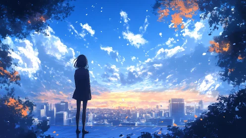 Solitary schoolgirl over sunrise city under vivid sky.