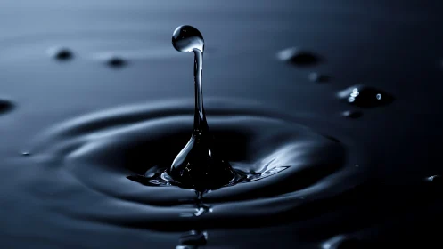 Single water droplet forms sculptural splash in dark pool