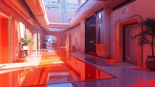 Sunlit futuristic corridor with doors and potted plants.