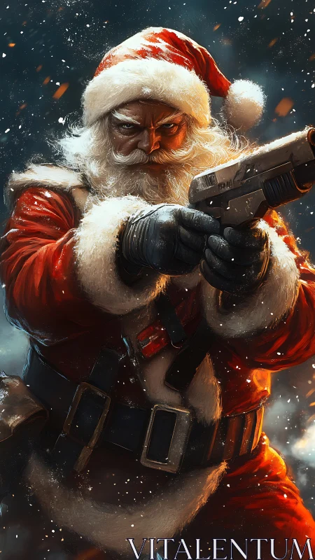 Militarized Santa Claus aims handgun amid dynamic particle effects