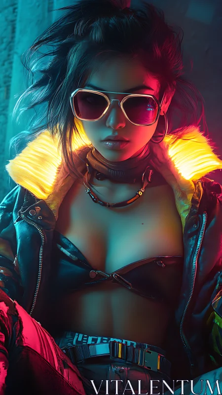 Cyberpunk street rebel sits under neon glow wearing shades