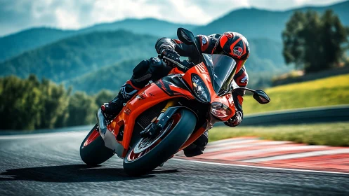 Red sport motorcycle leans into a smooth mountain racetrack turn